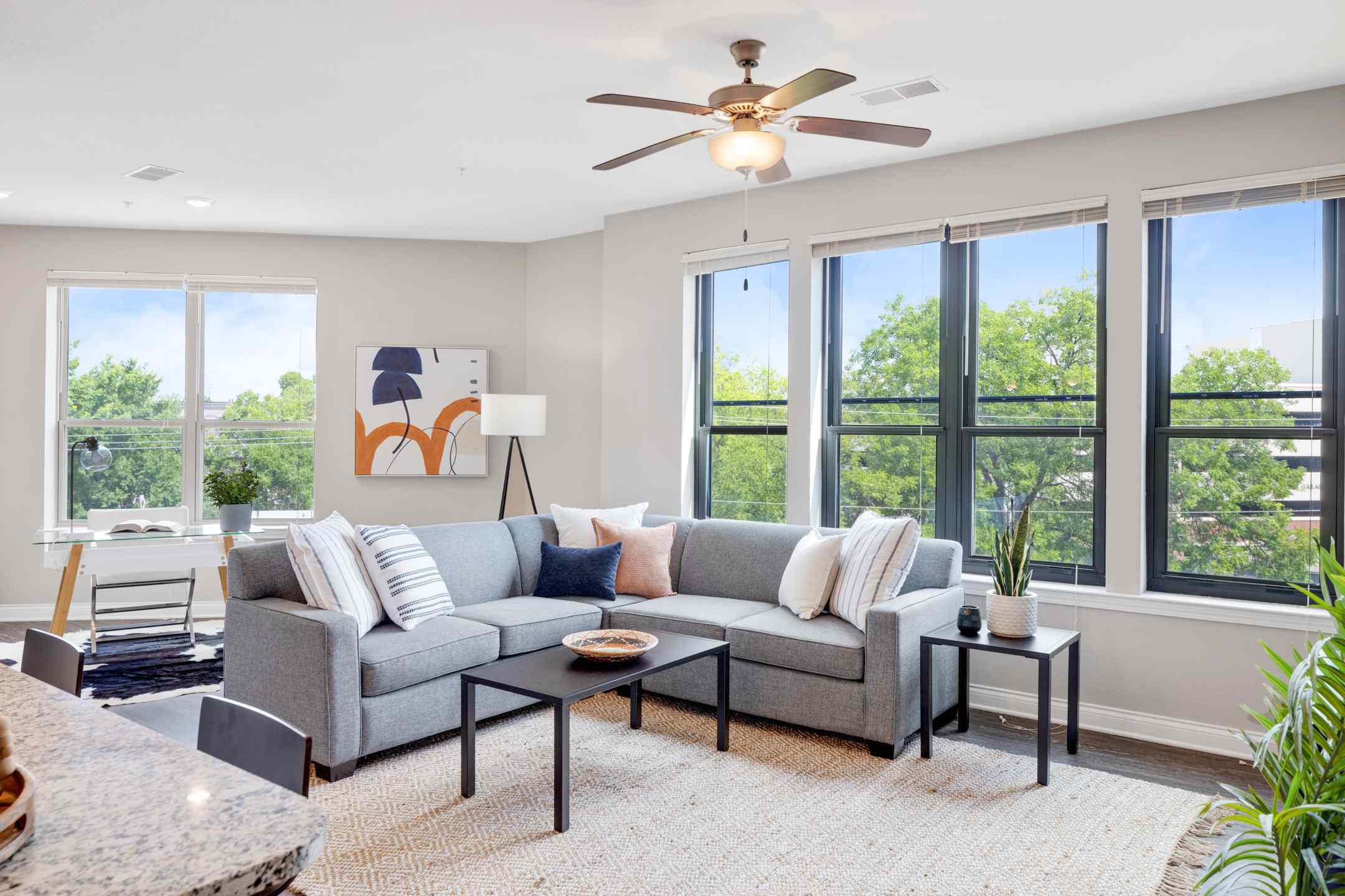 A cozy student housing apartment living room with a comfy couch, a coffee table, and large windows.