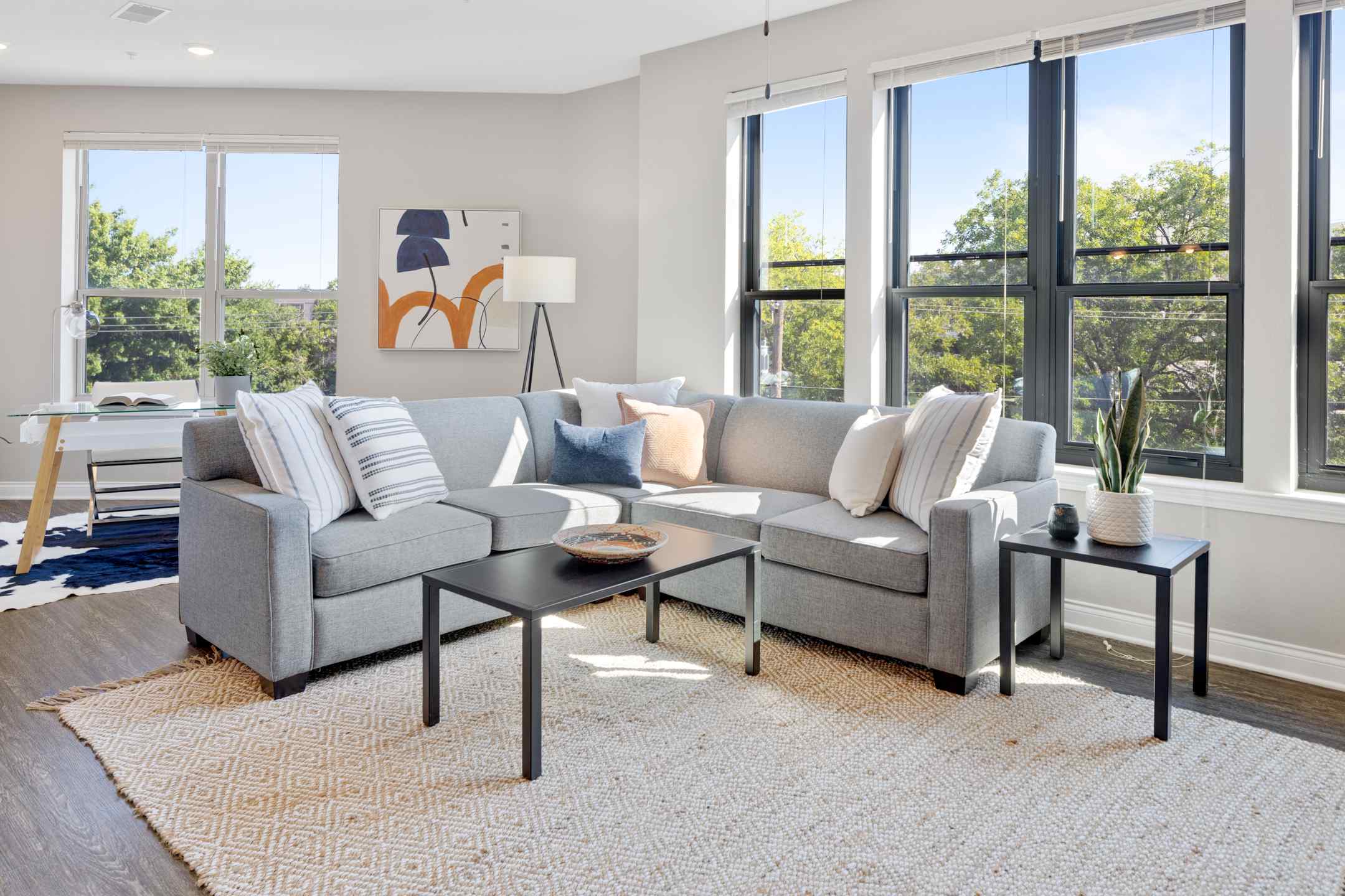 A cozy student housing apartment living room with a comfy couch, a coffee table, and large windows.