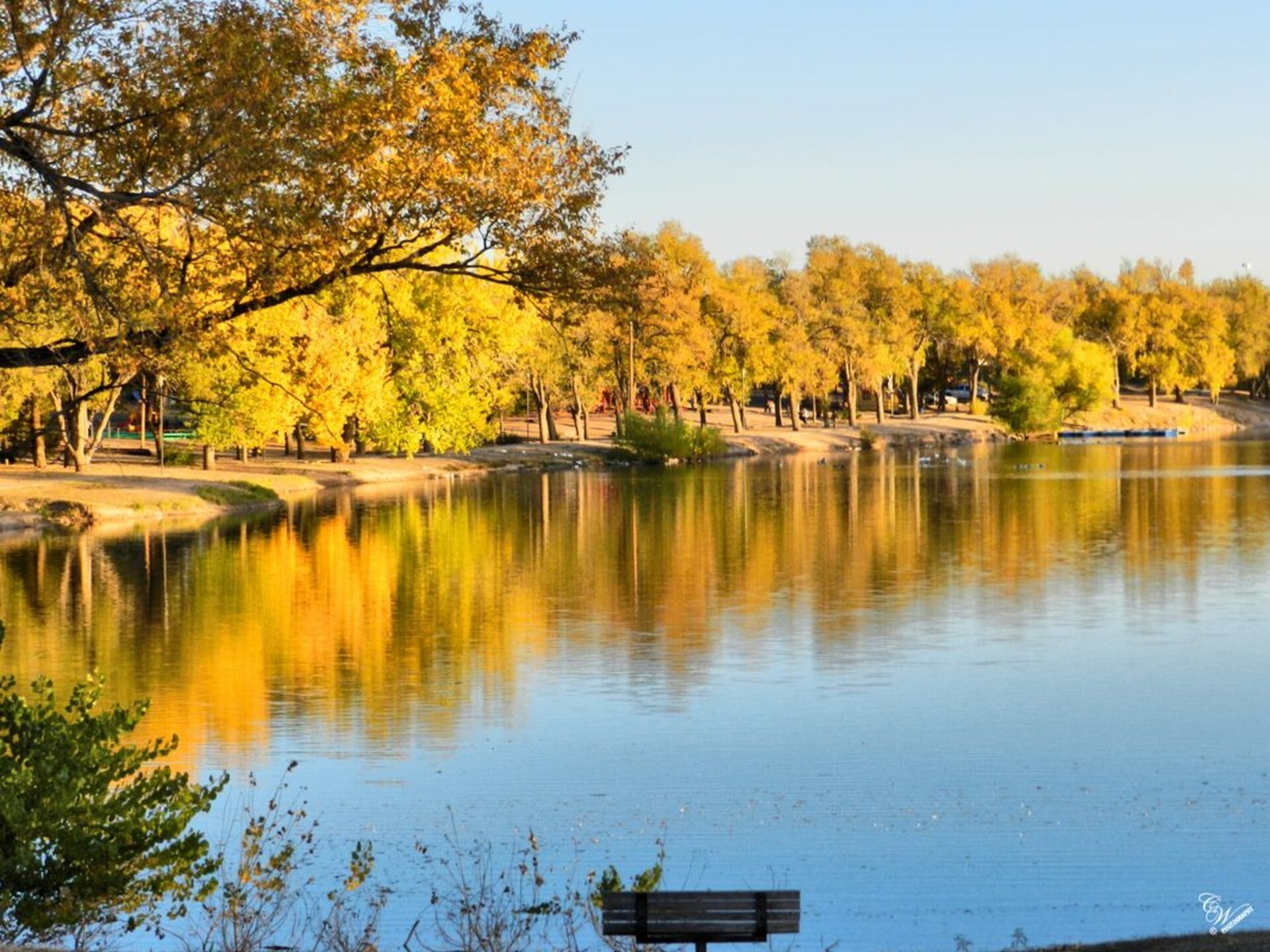 A bench on the shore of a lake in a community park in Stillwater, OK.