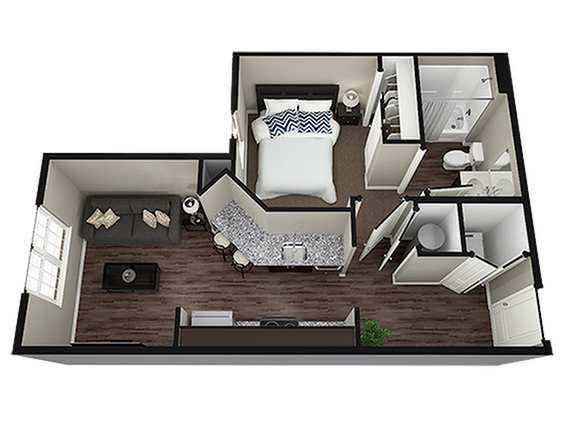 A 3D image of the Kingston floorplan, a 496 squarefoot, 1 bed / 1 bath unit