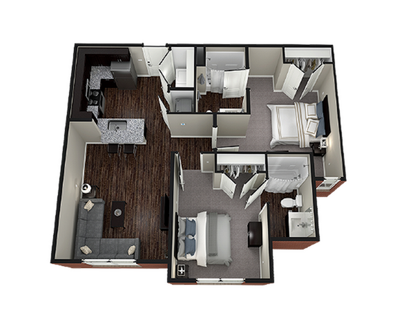 A 3D image of the Hazelton II floorplan, a 905 squarefoot, 2 bed / 2 bath unit