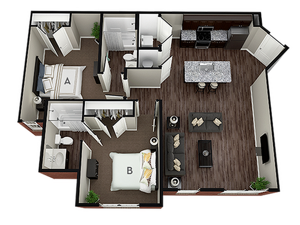 A 3D image of the Hampshire floorplan, a 998 squarefoot, 2 bed / 2 bath unit