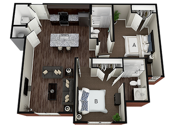 A 3D image of the Hazelton III floorplan, a 934 squarefoot, 2 bed / 2 bath unit