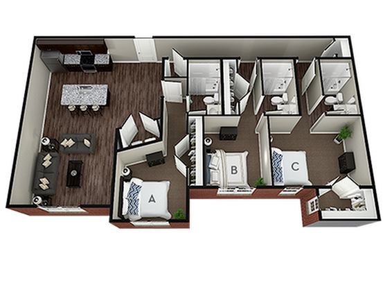 A 3D image of the Brentwood floorplan, a 1427 squarefoot, 3 bed / 3 bath unit