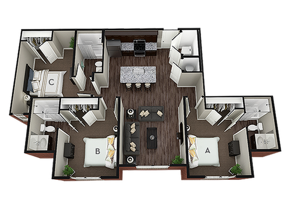 A 3D image of the Sterling floorplan, a 1169 squarefoot, 3 bed / 3 bath unit