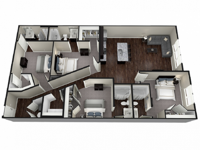 A 3D image of the Oxford floorplan, a 1726 squarefoot, 4 bed / 4 bath unit