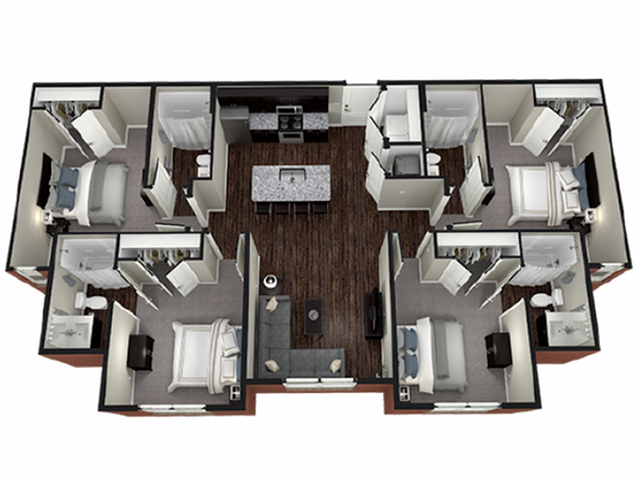 A 3D image of the Thayne II floorplan, a 1422 squarefoot, 4 bed / 4 bath unit
