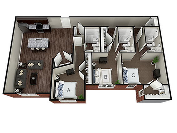 A 3D image of the 3BR/3BA – Brentwood floorplan, a 1427 squarefoot, 3 bed / 3 bath unit