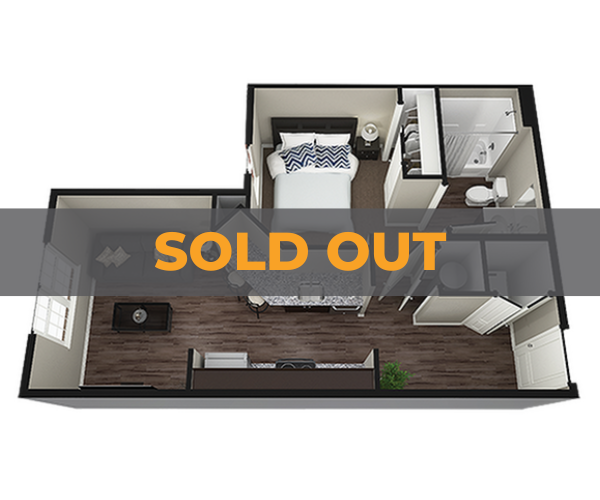 A 3D image of the 1BR/1BA – Kingston floorplan, a 496 squarefoot, 1 bed / 1 bath unit
