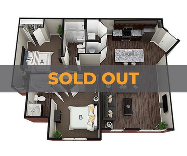 A 3D image of the 2BR/2BA – Hampshire floorplan, a 998 squarefoot, 2 bed / 2 bath unit