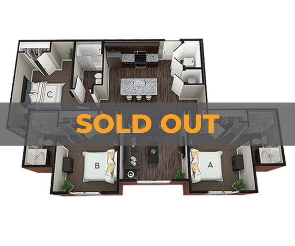 A 3D image of the 3BR/3BA – Sterling floorplan, a 1169 squarefoot, 3 bed / 3 bath unit