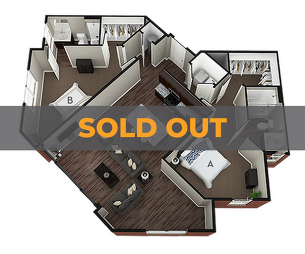 A 3D image of the 2BR/2BA – Bradford floorplan, a 1192 squarefoot, 2 bed / 2 bath unit