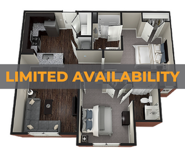 A 3D image of the 2BR/2BA – Hazelton II floorplan, a 905 squarefoot, 2 bed / 2 bath unit