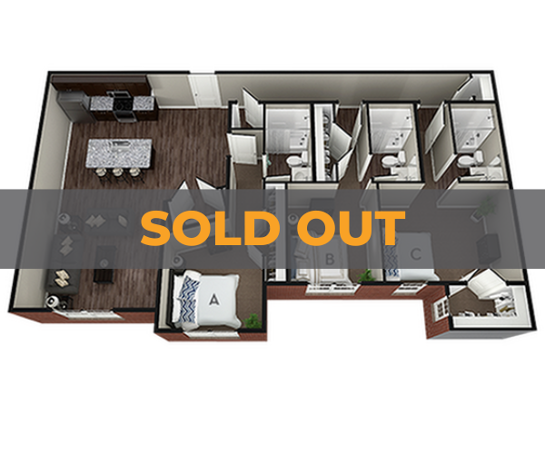 A 3D image of the 3BR/3BA – Brentwood floorplan, a 1427 squarefoot, 3 bed / 3 bath unit
