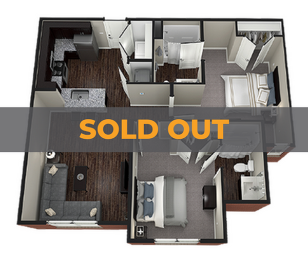A 3D image of the 2BR/2BA – Hazelton II floorplan, a 905 squarefoot, 2 bed / 2 bath unit