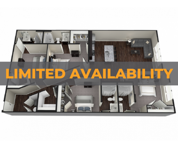 A 3D image of the 4BR/4BA – Oxford floorplan, a 1726 squarefoot, 4 bed / 4 bath unit