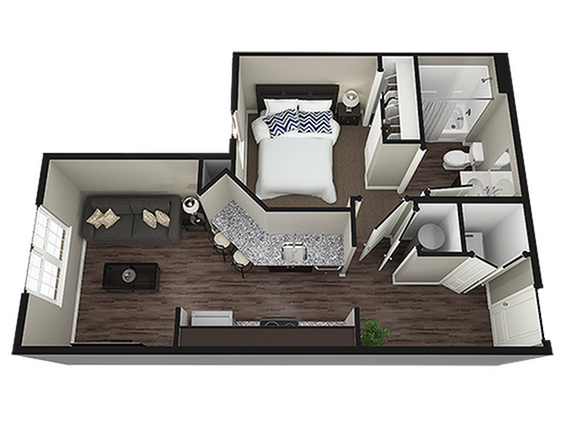 A 3D image of the 1BR/1BA – Kingston floorplan, a 496 squarefoot, 1 bed / 1 bath unit