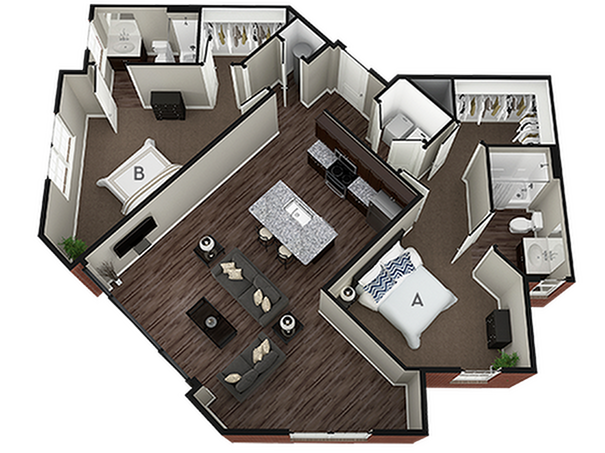 A 3D image of the 2BR/2BA – Bradford floorplan, a 1192 squarefoot, 2 bed / 2 bath unit