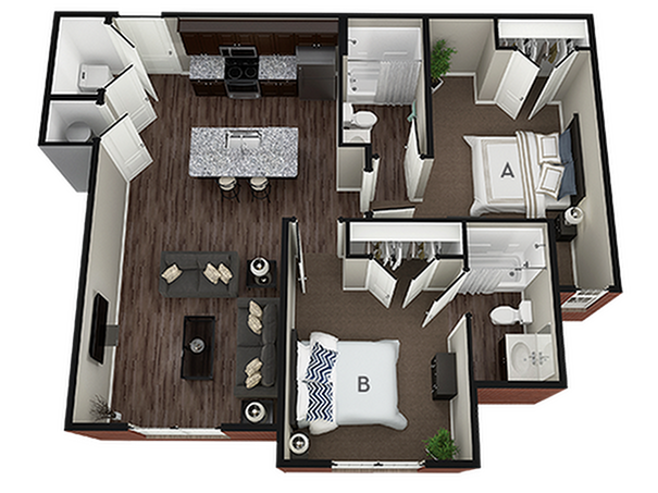 A 3D image of the 2BR/2BA – Hazelton III floorplan, a 934 squarefoot, 2 bed / 2 bath unit