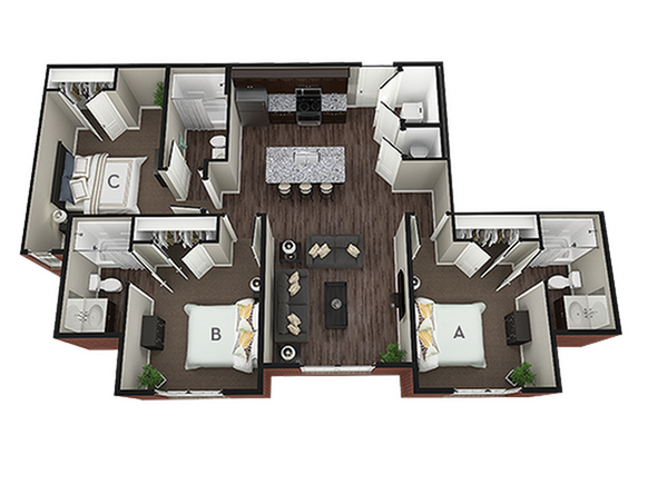 A 3D image of the 3BR/3BA – Sterling floorplan, a 1169 squarefoot, 3 bed / 3 bath unit